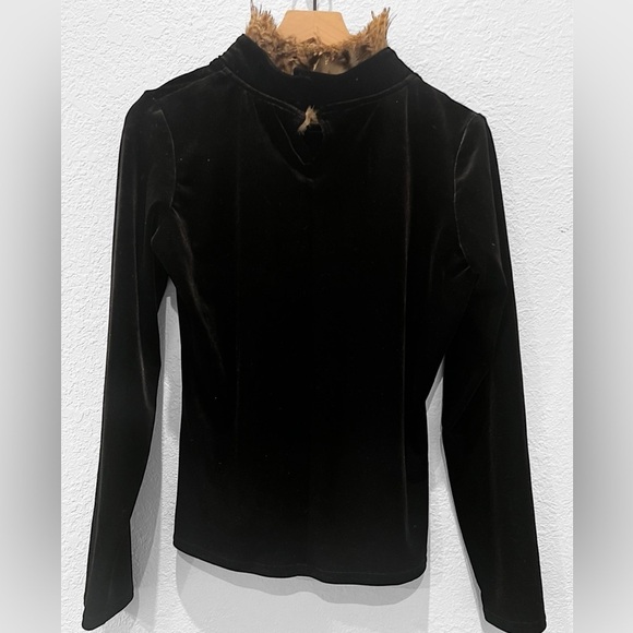 Double D Ranch Black Velvet Mock Turtleneck Feather Trim Small - Picture 2 of 12